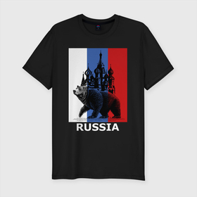 Мужская футболка хлопок Slim с принтом Медведь и кремль в Белгороде, 92% хлопок, 8% лайкра | приталенный силуэт, круглый вырез ворота, длина до линии бедра, короткий рукав | bear | russia | кремль | медведь | россия | флаг россии