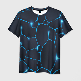 Мужская футболка 3D с принтом Синие разломы в Санкт-Петербурге, 100% полиэфир | прямой крой, круглый вырез горловины, длина до линии бедер | абстратное | линии | молния | разломы | синие