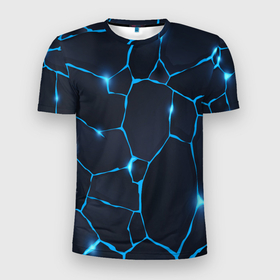Мужская футболка 3D Slim с принтом Синие разломы в Санкт-Петербурге, 100% полиэстер с улучшенными характеристиками | приталенный силуэт, круглая горловина, широкие плечи, сужается к линии бедра | абстратное | линии | молния | разломы | синие