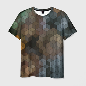 Мужская футболка 3D с принтом Геометрический 3D узор в серых и коричневых тонах в Кировске, 100% полиэфир | прямой крой, круглый вырез горловины, длина до линии бедер | 3d | brown | geometric | gray | trendy | геометрический узор | кубический | объемный