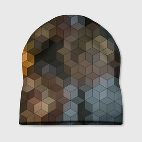 Шапка 3D с принтом Геометрический 3D узор в серых и коричневых тонах в Тюмени, 100% полиэстер | универсальный размер, печать по всей поверхности изделия | 3d | brown | geometric | gray | trendy | геометрический узор | кубический | объемный