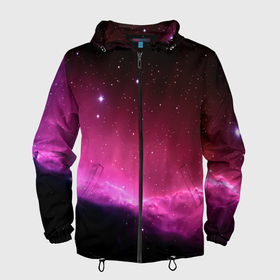 Мужская ветровка 3D с принтом Night Nebula в Белгороде, 100% полиэстер | подол и капюшон оформлены резинкой с фиксаторами, два кармана без застежек по бокам, один потайной карман на груди | звезды | космос | млечный путь | небо | ночь | розовый | темный