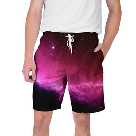 Мужские шорты 3D с принтом Night Nebula ,  полиэстер 100% | прямой крой, два кармана без застежек по бокам. Мягкая трикотажная резинка на поясе, внутри которой широкие завязки. Длина чуть выше колен | звезды | космос | млечный путь | небо | ночь | розовый | темный
