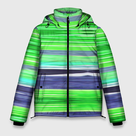 Мужская зимняя куртка 3D с принтом Сине зеленые абстрактные полосы в Тюмени, верх — 100% полиэстер; подкладка — 100% полиэстер; утеплитель — 100% полиэстер | длина ниже бедра, свободный силуэт Оверсайз. Есть воротник-стойка, отстегивающийся капюшон и ветрозащитная планка. 

Боковые карманы с листочкой на кнопках и внутренний карман на молнии. | green | stripes | абстрактные полосы | зеленый | полосатый узор | синий