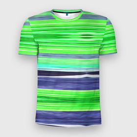 Мужская футболка 3D Slim с принтом Сине зеленые абстрактные полосы , 100% полиэстер с улучшенными характеристиками | приталенный силуэт, круглая горловина, широкие плечи, сужается к линии бедра | Тематика изображения на принте: green | stripes | абстрактные полосы | зеленый | полосатый узор | синий