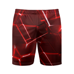 Мужские шорты спортивные с принтом Red fault в Курске,  |  | Тематика изображения на принте: 3d плиты | абстракция | красная | красный | неон | плитка | разлом | текстура