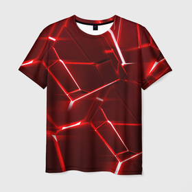 Мужская футболка 3D с принтом Red fault в Тюмени, 100% полиэфир | прямой крой, круглый вырез горловины, длина до линии бедер | 3d плиты | абстракция | красная | красный | неон | плитка | разлом | текстура