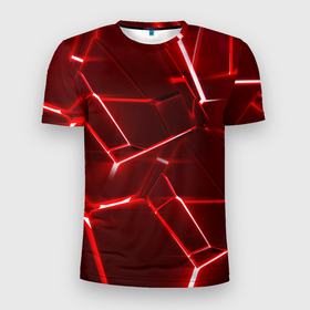 Мужская футболка 3D Slim с принтом Red fault в Петрозаводске, 100% полиэстер с улучшенными характеристиками | приталенный силуэт, круглая горловина, широкие плечи, сужается к линии бедра | 3d плиты | абстракция | красная | красный | неон | плитка | разлом | текстура
