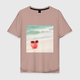 Мужская футболка хлопок Oversize с принтом Свинка в очках на отдыхе , 100% хлопок | свободный крой, круглый ворот, “спинка” длиннее передней части | pig | животные | курорт | отдых | отпуск | пляж | свинка | свинка на отдыхе | свинья