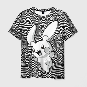 Мужская футболка 3D с принтом Пикачу на психоделическом фоне , 100% полиэфир | прямой крой, круглый вырез горловины, длина до линии бедер | аниме | волны | пикачу | покемон | психоделика | черно белое