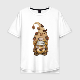 Мужская футболка хлопок Oversize с принтом Кофейный гном в Тюмени, 100% хлопок | свободный крой, круглый ворот, “спинка” длиннее передней части | coffee | гном | гномик | зерна | кофе | кофейный