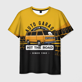Мужская футболка 3D с принтом AUTO GARAGE  HIT THE ROAD в Курске, 100% полиэфир | прямой крой, круглый вырез горловины, длина до линии бедер | авто | автобус | автомобиль | дом на колесах | машина | путешествие