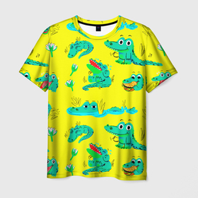 Мужская футболка 3D с принтом GREEN CROCODILES в Курске, 100% полиэфир | прямой крой, круглый вырез горловины, длина до линии бедер | аллигатор | дикая природа | желтый | животное | забавный | зеленый | крокодил | милый