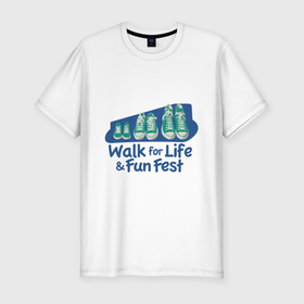 Мужская футболка хлопок Slim с принтом WALK FOR LIFE FUN FEST в Новосибирске, 92% хлопок, 8% лайкра | приталенный силуэт, круглый вырез ворота, длина до линии бедра, короткий рукав | веселый | жизнь | кеды | обувь | прогулка | цветной