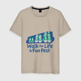Мужская футболка хлопок с принтом WALK FOR LIFE FUN FEST в Екатеринбурге, 100% хлопок | прямой крой, круглый вырез горловины, длина до линии бедер, слегка спущенное плечо. | веселый | жизнь | кеды | обувь | прогулка | цветной