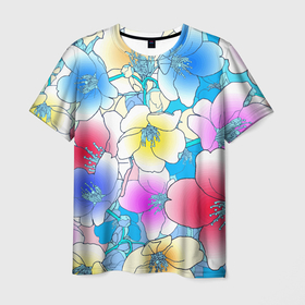 Мужская футболка 3D с принтом Летний цветочный паттерн   Fashion trend 2025 в Петрозаводске, 100% полиэфир | прямой крой, круглый вырез горловины, длина до линии бедер | color | fashion | flowers | neon | pattern | summer | лето | мода | неон | паттерн | цвет | цветы