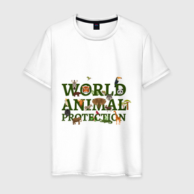 Мужская футболка хлопок с принтом WORLD ANIMAL PROTECTION в Новосибирске, 100% хлопок | прямой крой, круглый вырез горловины, длина до линии бедер, слегка спущенное плечо. | для любителей животных | животные | защита окружающей среды | зеленый | земля | мир | окружающая среда | права животных | природа
