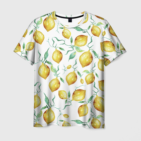 Мужская футболка 3D с принтом Лимоны Нарисованные Акварелью в Санкт-Петербурге, 100% полиэфир | прямой крой, круглый вырез горловины, длина до линии бедер | lemon | nature | summer | акварель | лето | лимон | нарисованые | природа | фрукты