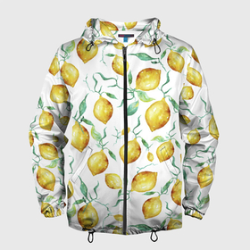 Мужская ветровка 3D с принтом Лимоны Нарисованные Акварелью в Новосибирске, 100% полиэстер | подол и капюшон оформлены резинкой с фиксаторами, два кармана без застежек по бокам, один потайной карман на груди | lemon | nature | summer | акварель | лето | лимон | нарисованые | природа | фрукты