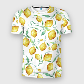 Мужская футболка 3D Slim с принтом Лимоны Нарисованные Акварелью в Новосибирске, 100% полиэстер с улучшенными характеристиками | приталенный силуэт, круглая горловина, широкие плечи, сужается к линии бедра | lemon | nature | summer | акварель | лето | лимон | нарисованые | природа | фрукты
