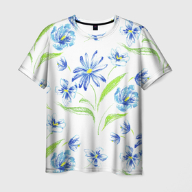 Мужская футболка 3D с принтом Цветы Синие Нарисованные Карандашами в Новосибирске, 100% полиэфир | прямой крой, круглый вырез горловины, длина до линии бедер | flowers | summer | букет | лето | нарисованные | природа | растение | флора | цветы