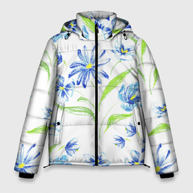 Мужская зимняя куртка 3D с принтом Цветы Синие Нарисованные Карандашами в Новосибирске, верх — 100% полиэстер; подкладка — 100% полиэстер; утеплитель — 100% полиэстер | длина ниже бедра, свободный силуэт Оверсайз. Есть воротник-стойка, отстегивающийся капюшон и ветрозащитная планка. 

Боковые карманы с листочкой на кнопках и внутренний карман на молнии. | Тематика изображения на принте: flowers | summer | букет | лето | нарисованные | природа | растение | флора | цветы