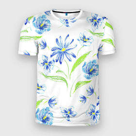 Мужская футболка 3D Slim с принтом Цветы Синие Нарисованные Карандашами в Екатеринбурге, 100% полиэстер с улучшенными характеристиками | приталенный силуэт, круглая горловина, широкие плечи, сужается к линии бедра | flowers | summer | букет | лето | нарисованные | природа | растение | флора | цветы