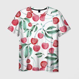 Мужская футболка 3D с принтом Вишня Нарисованная Акварелью в Санкт-Петербурге, 100% полиэфир | прямой крой, круглый вырез горловины, длина до линии бедер | cherry | nature | summer | акварель | вишня | лето | нарисованная | природа | черешня | ягода