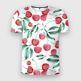 Мужская футболка 3D Slim с принтом Вишня Нарисованная Акварелью в Новосибирске, 100% полиэстер с улучшенными характеристиками | приталенный силуэт, круглая горловина, широкие плечи, сужается к линии бедра | cherry | nature | summer | акварель | вишня | лето | нарисованная | природа | черешня | ягода