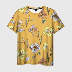 Мужская футболка 3D с принтом Цветы Нарисованные На Золотом Фоне в Новосибирске, 100% полиэфир | прямой крой, круглый вырез горловины, длина до линии бедер | flowers | summer | букет | лето | нарисованные | природа | растение | флора | цветы