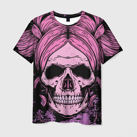 Мужская футболка 3D с принтом Женский череп с розовыми волосами в Екатеринбурге, 100% полиэфир | прямой крой, круглый вырез горловины, длина до линии бедер | демон | дьяволица | женская прическа | женский череп | кости человека | нечисть | розовые волосы | сущность | череп | череп с прической | череп человека