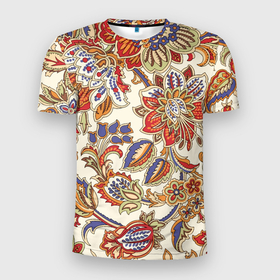 Мужская футболка 3D Slim с принтом Цветочный винтажный орнамент в Новосибирске, 100% полиэстер с улучшенными характеристиками | приталенный силуэт, круглая горловина, широкие плечи, сужается к линии бедра | fashion | flowers | ornament | vintage | винтаж | мода | орнамент | цветы