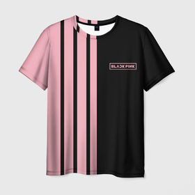 Мужская футболка 3D с принтом BLACKPINK | HALF BLACK PINK | MINI LOGO в Петрозаводске, 100% полиэфир | прямой крой, круглый вырез горловины, длина до линии бедер | black  pink | black pink | blackpink | jennie | jisoo | k pop | lalisa | группа | к поп | корейская группа | розовый | черный