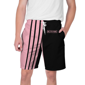 Мужские шорты 3D с принтом BLACKPINK | HALF BLACK PINK | MINI LOGO в Белгороде,  полиэстер 100% | прямой крой, два кармана без застежек по бокам. Мягкая трикотажная резинка на поясе, внутри которой широкие завязки. Длина чуть выше колен | Тематика изображения на принте: black  pink | black pink | blackpink | jennie | jisoo | k pop | lalisa | группа | к поп | корейская группа | розовый | черный