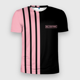 Мужская футболка 3D Slim с принтом BLACKPINK | HALF BLACK PINK | MINI LOGO в Петрозаводске, 100% полиэстер с улучшенными характеристиками | приталенный силуэт, круглая горловина, широкие плечи, сужается к линии бедра | Тематика изображения на принте: black  pink | black pink | blackpink | jennie | jisoo | k pop | lalisa | группа | к поп | корейская группа | розовый | черный