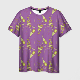 Мужская футболка 3D с принтом Африканские дюны в Курске, 100% полиэфир | прямой крой, круглый вырез горловины, длина до линии бедер | Тематика изображения на принте: абстракция | жёлтый | камни | песок | спираль | фиолетовый | цвет года
