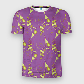 Мужская футболка 3D Slim с принтом Африканские дюны в Курске, 100% полиэстер с улучшенными характеристиками | приталенный силуэт, круглая горловина, широкие плечи, сужается к линии бедра | Тематика изображения на принте: абстракция | жёлтый | камни | песок | спираль | фиолетовый | цвет года