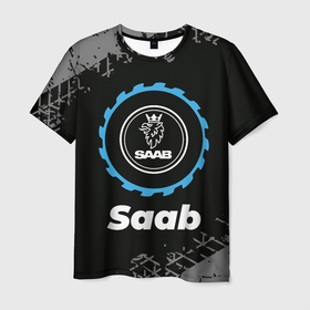 Мужская футболка 3D с принтом Saab в стиле Top Gear со следами шин на фоне в Кировске, 100% полиэфир | прямой крой, круглый вырез горловины, длина до линии бедер | auto | brand | gear | logo | saab | symbol | top | авто | бренд | гир | лого | сааб | символ | следы | топ | шин | шины