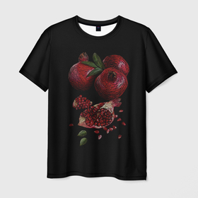 Мужская футболка 3D с принтом Сочные гранаты на черном фоне в Петрозаводске, 100% полиэфир | прямой крой, круглый вырез горловины, длина до линии бедер | гранат | зерна | зерно | лето | плод | сладкий | сочный гранат | спелый фрукт | урожай | фрукт | ягода