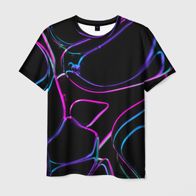 Мужская футболка 3D с принтом Неоновые линзы во тьме   Фиолетовый в Санкт-Петербурге, 100% полиэфир | прямой крой, круглый вырез горловины, длина до линии бедер | abstraction | art | colorful | colors | neon | surrealism | абстракция | арт | искусство | линзы | неон | пузыри | разноцветный | сюрреализм | цвета