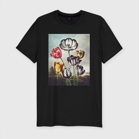 Мужская футболка хлопок Slim с принтом Tulips (Тюльпаны) в Новосибирске, 92% хлопок, 8% лайкра | приталенный силуэт, круглый вырез ворота, длина до линии бедра, короткий рукав | абстракция | ботаника | винтаж | картина | классика | книга | минимализм | обложка | паттерн | природа | флора | цветы | экспрессионизм