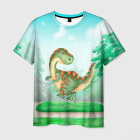 Мужская футболка 3D с принтом Маленький   Динозаврик в Кировске, 100% полиэфир | прямой крой, круглый вырез горловины, длина до линии бедер | t rex | дино | динозавр | динозаврик | тирекс