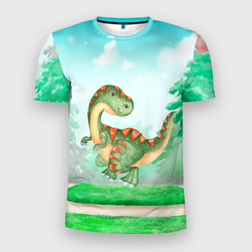 Мужская футболка 3D Slim с принтом Маленький   Динозаврик , 100% полиэстер с улучшенными характеристиками | приталенный силуэт, круглая горловина, широкие плечи, сужается к линии бедра | t rex | дино | динозавр | динозаврик | тирекс