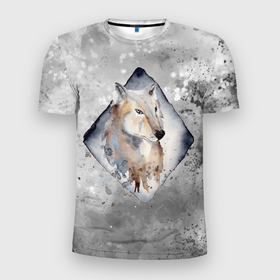 Мужская футболка 3D Slim с принтом Снежный   волк 3D в Белгороде, 100% полиэстер с улучшенными характеристиками | приталенный силуэт, круглая горловина, широкие плечи, сужается к линии бедра | wolf | волк | волчица | снег | снежный волк