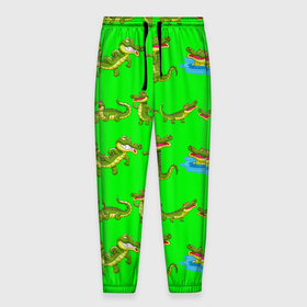 Мужские брюки 3D с принтом CHARMING CROCODILES в Екатеринбурге, 100% полиэстер | манжеты по низу, эластичный пояс регулируется шнурком, по бокам два кармана без застежек, внутренняя часть кармана из мелкой сетки | аллигатор | животное | забавный | зеленый | милый