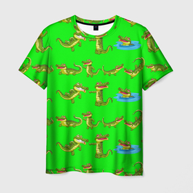 Мужская футболка 3D с принтом CHARMING CROCODILES в Новосибирске, 100% полиэфир | прямой крой, круглый вырез горловины, длина до линии бедер | аллигатор | животное | забавный | зеленый | милый