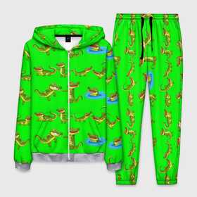Мужской костюм 3D с принтом CHARMING CROCODILES в Курске, 100% полиэстер | Манжеты и пояс оформлены тканевой резинкой, двухслойный капюшон со шнурком для регулировки, карманы спереди | аллигатор | животное | забавный | зеленый | милый