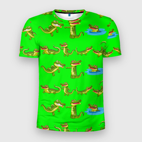 Мужская футболка 3D Slim с принтом CHARMING CROCODILES , 100% полиэстер с улучшенными характеристиками | приталенный силуэт, круглая горловина, широкие плечи, сужается к линии бедра | аллигатор | животное | забавный | зеленый | милый