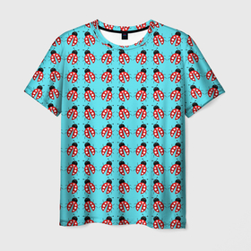 Мужская футболка 3D с принтом LADYBUGS ON A BLUE BACKGROUND в Петрозаводске, 100% полиэфир | прямой крой, круглый вырез горловины, длина до линии бедер | акварель | красный | насекомое | природа | точки | узор | черный