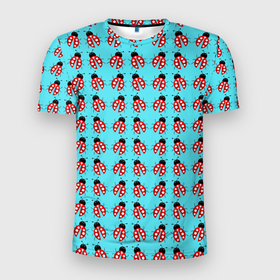 Мужская футболка 3D Slim с принтом LADYBUGS ON A BLUE BACKGROUND в Новосибирске, 100% полиэстер с улучшенными характеристиками | приталенный силуэт, круглая горловина, широкие плечи, сужается к линии бедра | акварель | красный | насекомое | природа | точки | узор | черный